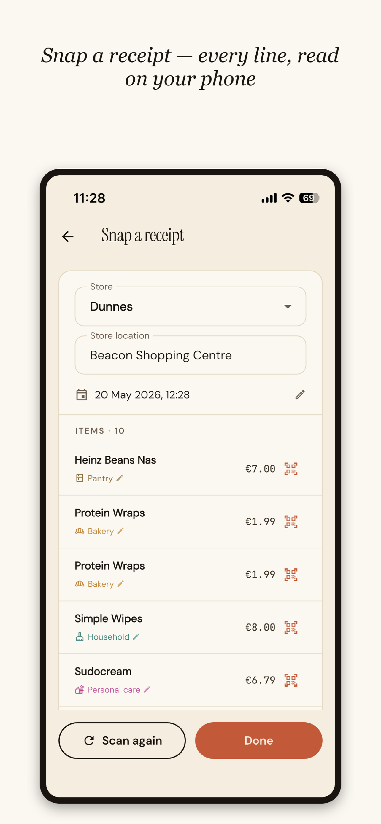 Zavvy receipt screen — items and prices read from a shopping receipt.