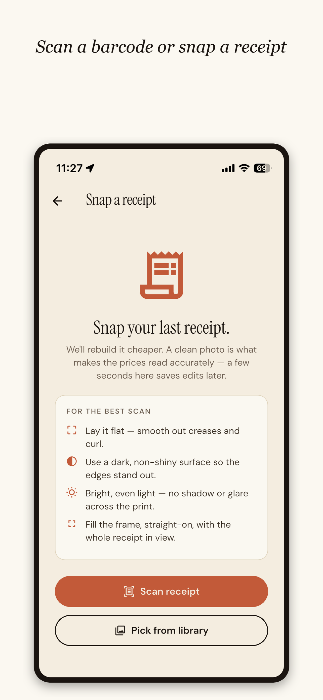 Zavvy scan screen — start with a barcode or a receipt.